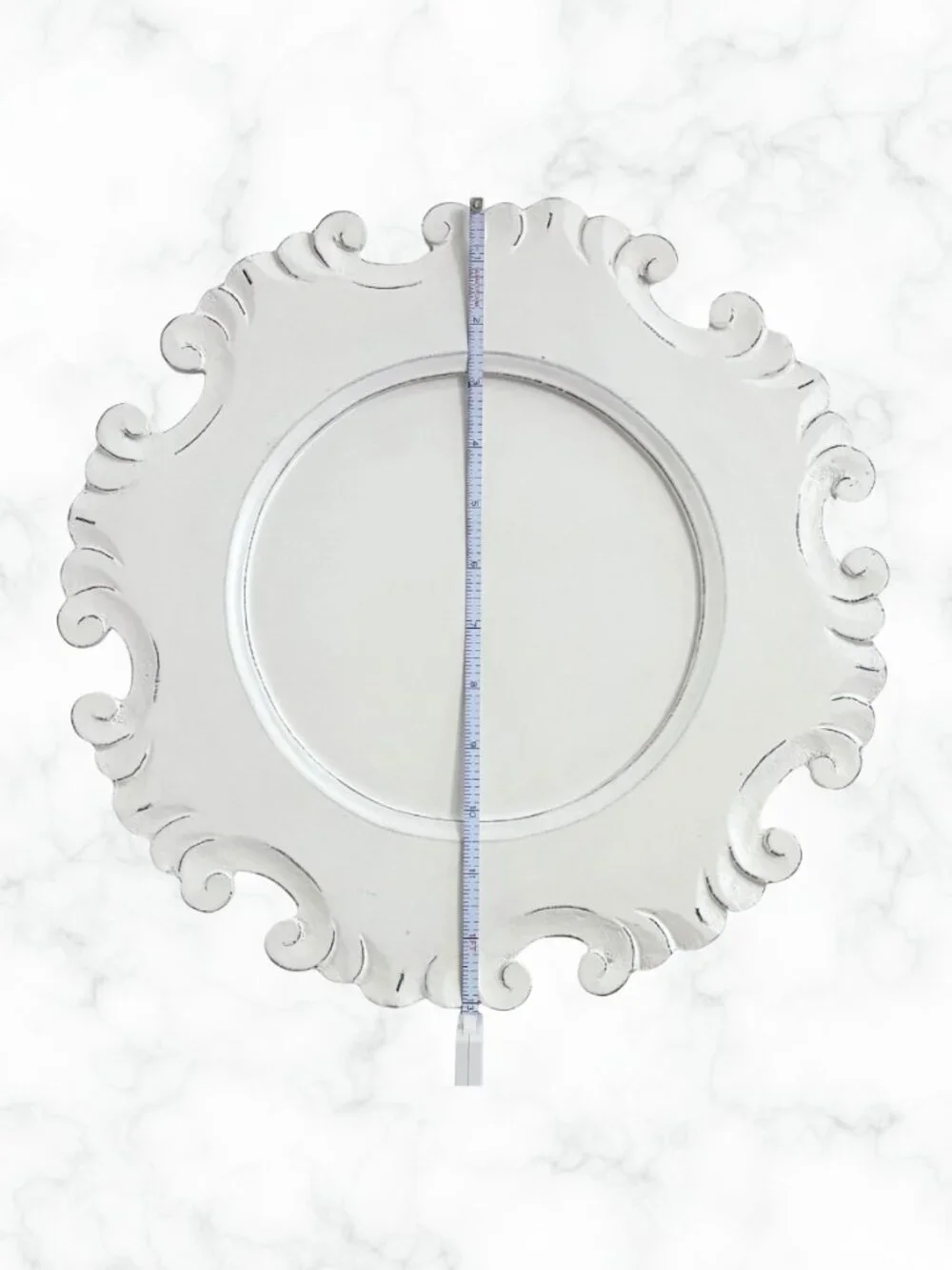 PIER 1 IMPORTS Set of 2 Distressed White Wood Scroll Charger Plates 13